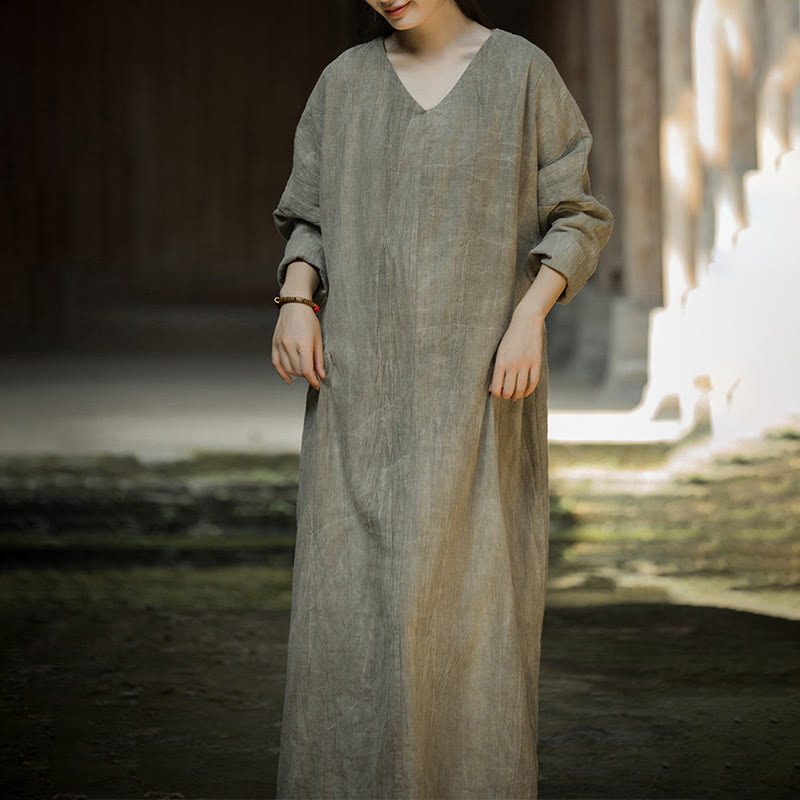 Buddha Stones無地 チャイナ Vネック 長袖 ラミー リネン ミディドレス - image 15
