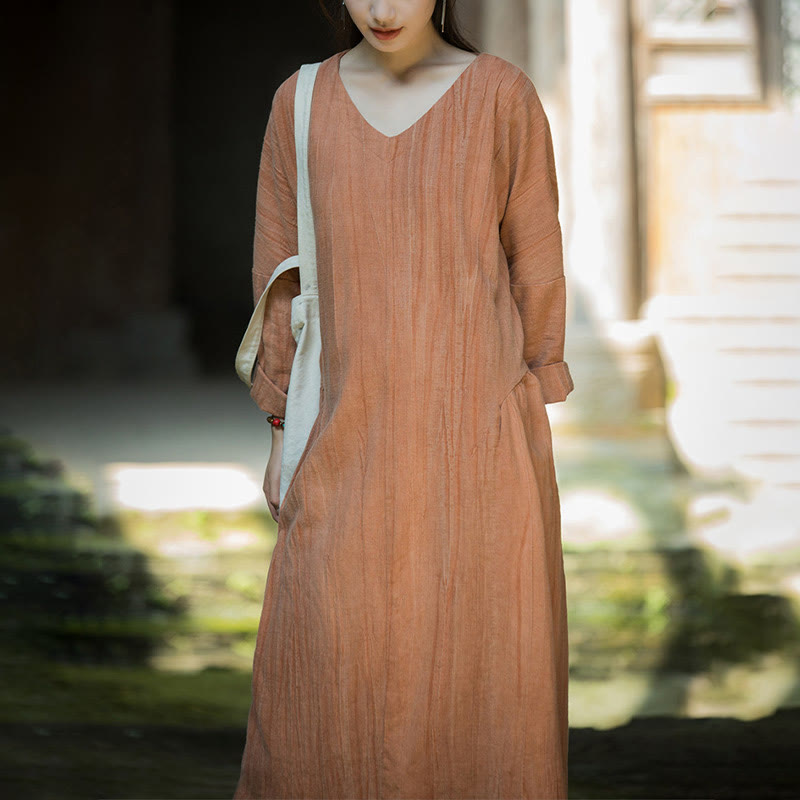 Buddha Stones無地 チャイナ Vネック 長袖 ラミー リネン ミディドレス - image 28