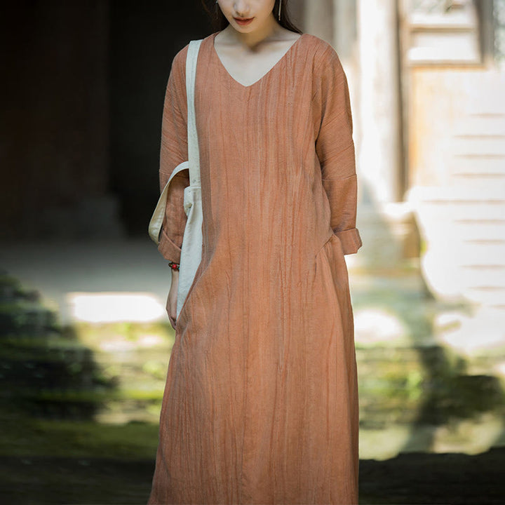 Buddha Stones無地 チャイナ Vネック 長袖 ラミー リネン ミディドレス - image 28