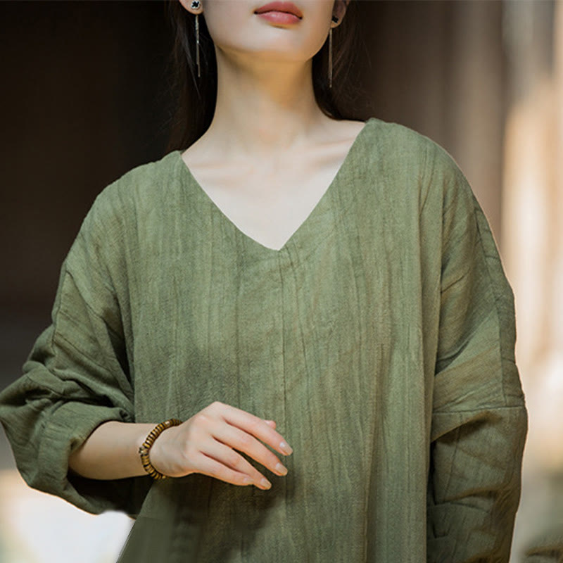 Buddha Stones無地 チャイナ Vネック 長袖 ラミー リネン ミディドレス - image 12