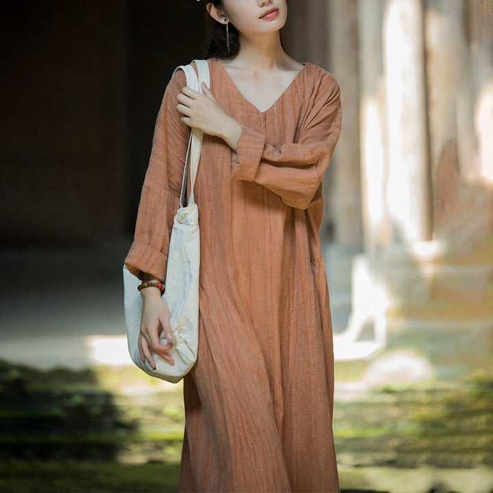 Buddha Stones無地 チャイナ Vネック 長袖 ラミー リネン ミディドレス