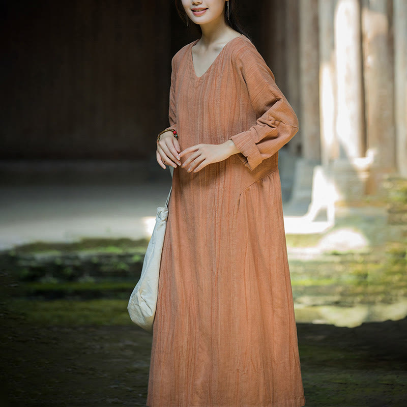 Buddha Stones無地 チャイナ Vネック 長袖 ラミー リネン ミディドレス - image 24