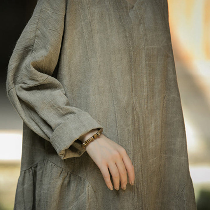 Buddha Stones無地 チャイナ Vネック 長袖 ラミー リネン ミディドレス - image 22