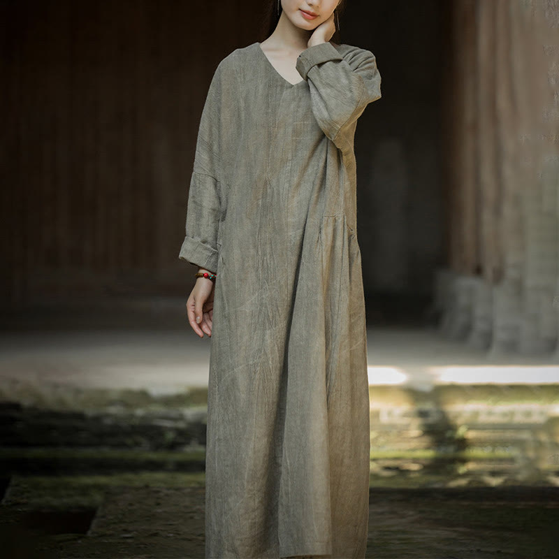 Buddha Stones無地 チャイナ Vネック 長袖 ラミー リネン ミディドレス - image 14