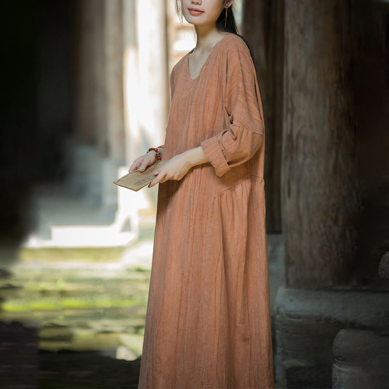 Buddha Stones無地 チャイナ Vネック 長袖 ラミー リネン ミディドレス - image 26