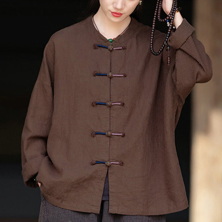 Buddha Stones無地 ツーカラー フロッグボタン 長袖 ラミー リネン レディース シャツ
