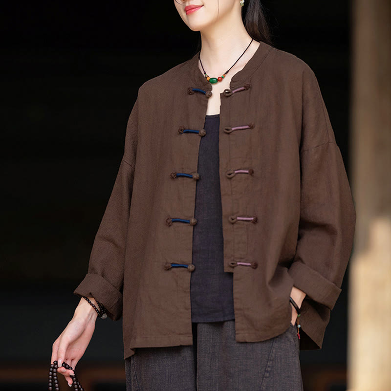 Buddha Stones無地 ツーカラー フロッグボタン 長袖 ラミー リネン レディース シャツ - image 15