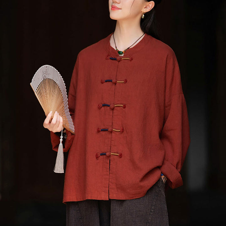 Buddha Stones無地 ツーカラー フロッグボタン 長袖 ラミー リネン レディース シャツ - image 24