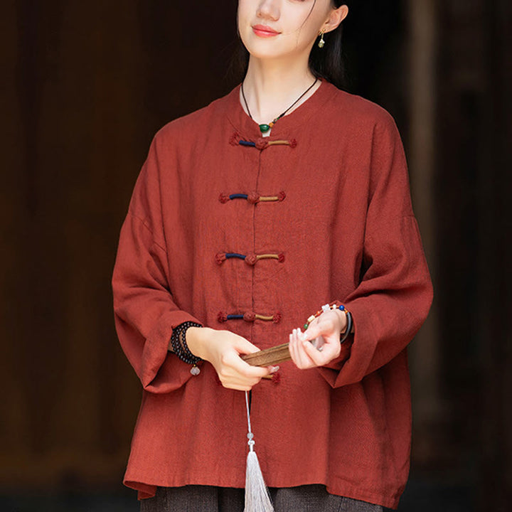 Buddha Stones無地 ツーカラー フロッグボタン 長袖 ラミー リネン レディース シャツ