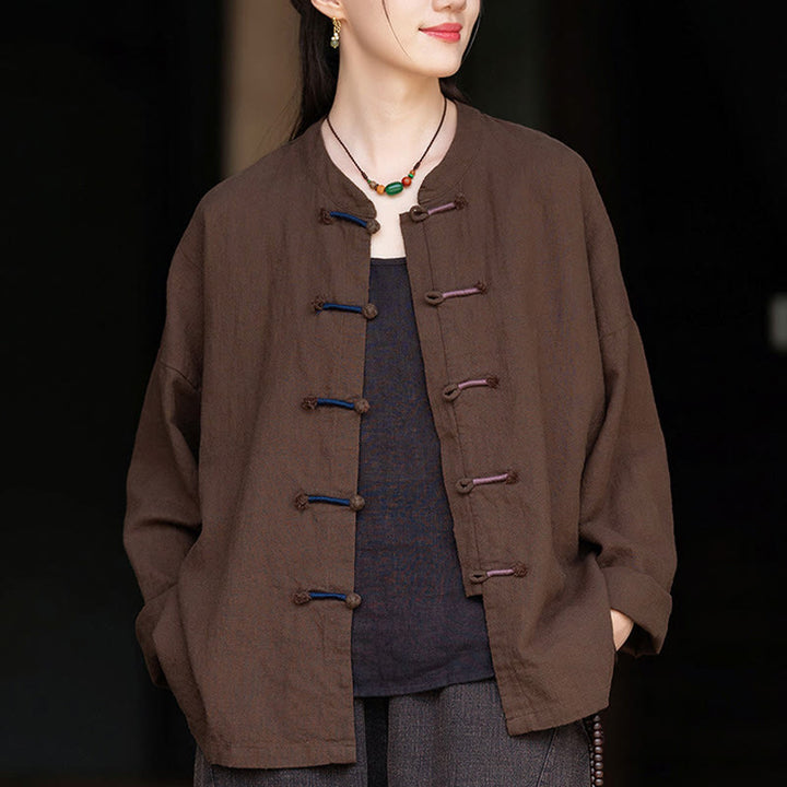 Buddha Stones無地 ツーカラー フロッグボタン 長袖 ラミー リネン レディース シャツ