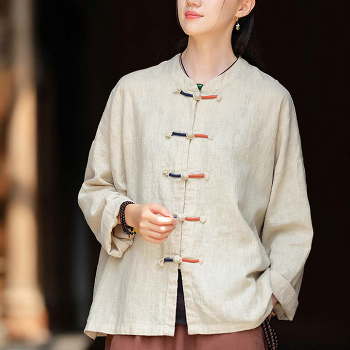 Buddha Stones無地 ツーカラー フロッグボタン 長袖 ラミー リネン レディース シャツ - image 1