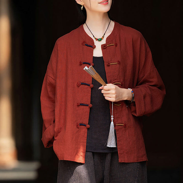 Buddha Stones無地 ツーカラー フロッグボタン 長袖 ラミー リネン レディース シャツ - image 26