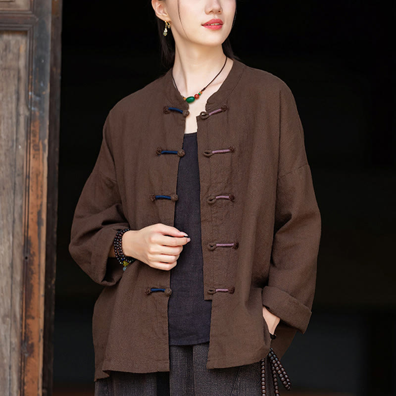 Buddha Stones無地 ツーカラー フロッグボタン 長袖 ラミー リネン レディース シャツ - image 17