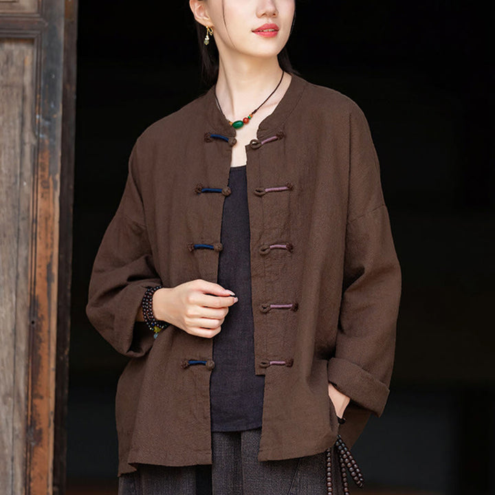 Buddha Stones無地 ツーカラー フロッグボタン 長袖 ラミー リネン レディース シャツ - image 17