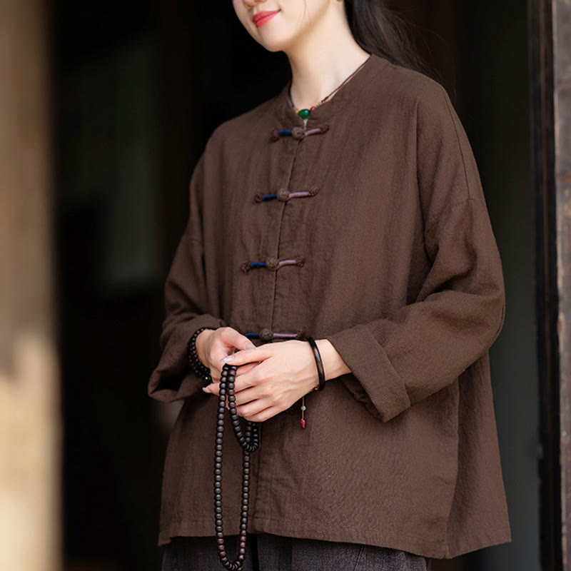 Buddha Stones無地 ツーカラー フロッグボタン 長袖 ラミー リネン レディース シャツ