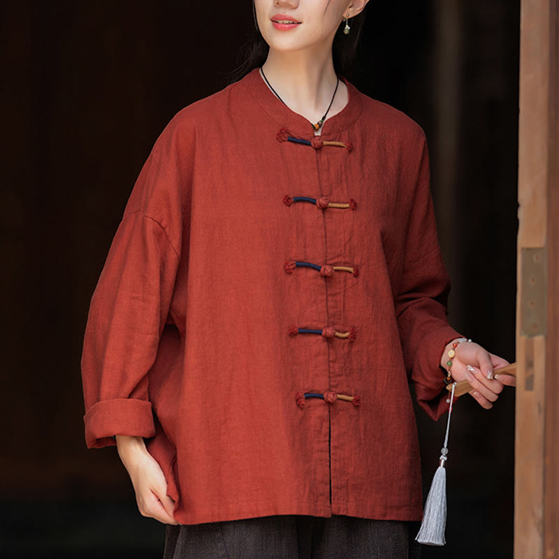 Buddha Stones無地 ツーカラー フロッグボタン 長袖 ラミー リネン レディース シャツ - image 23