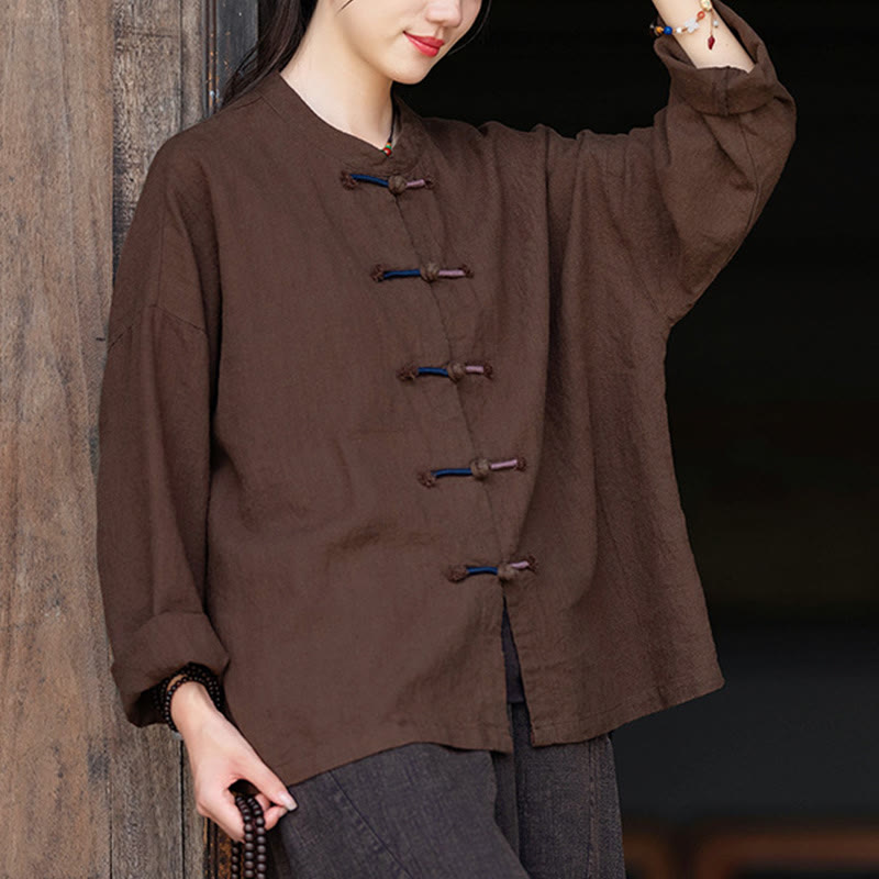 Buddha Stones無地 ツーカラー フロッグボタン 長袖 ラミー リネン レディース シャツ