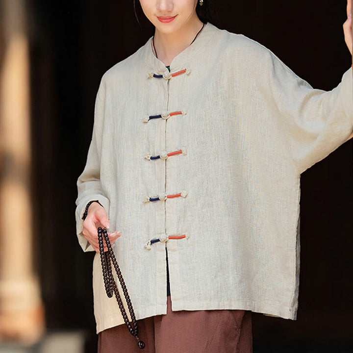 Buddha Stones無地 ツーカラー フロッグボタン 長袖 ラミー リネン レディース シャツ - image 6