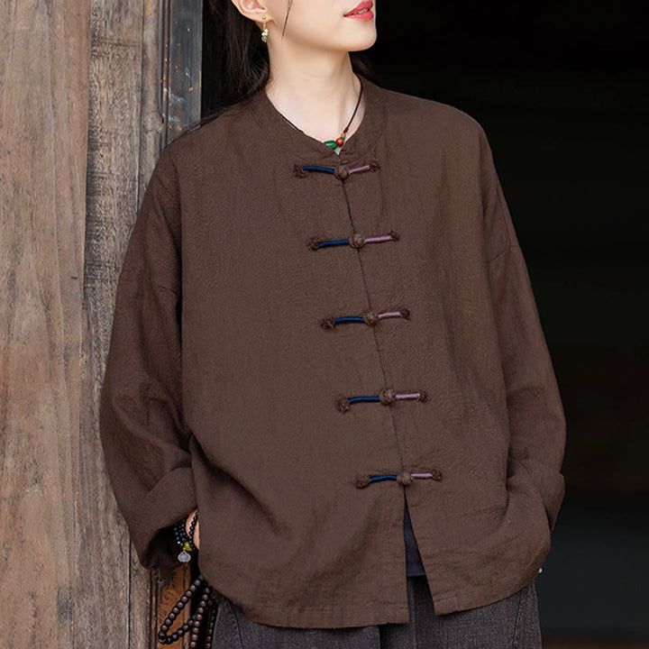 Buddha Stones無地 ツーカラー フロッグボタン 長袖 ラミー リネン レディース シャツ