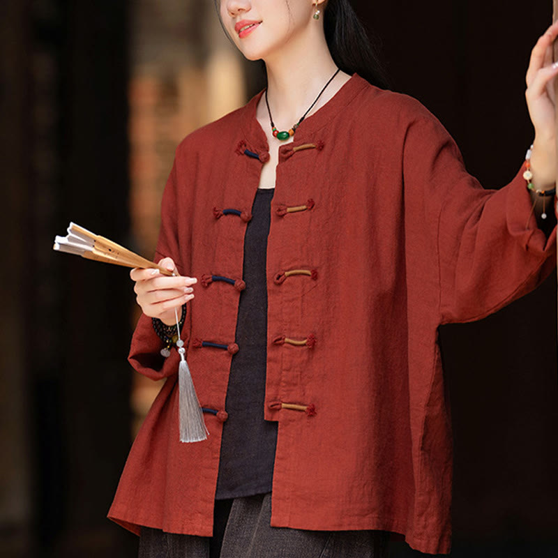 Buddha Stones無地 ツーカラー フロッグボタン 長袖 ラミー リネン レディース シャツ - image 27
