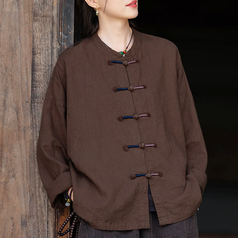 Buddha Stones無地 ツーカラー フロッグボタン 長袖 ラミー リネン レディース シャツ - image 13