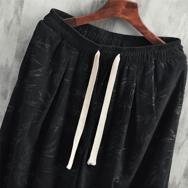 Buddha Stonesと竹の葉のコーデュロイドローストリングコットンメンズワイドレッグパンツ（ポケット付き） - image 15