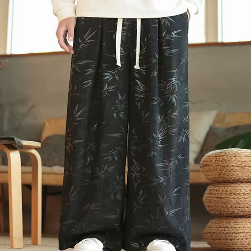 Buddha Stonesと竹の葉のコーデュロイドローストリングコットンメンズワイドレッグパンツ（ポケット付き）