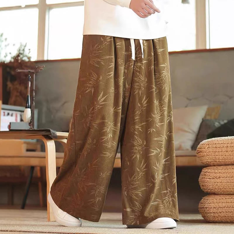 Buddha Stonesと竹の葉のコーデュロイドローストリングコットンメンズワイドレッグパンツ（ポケット付き）