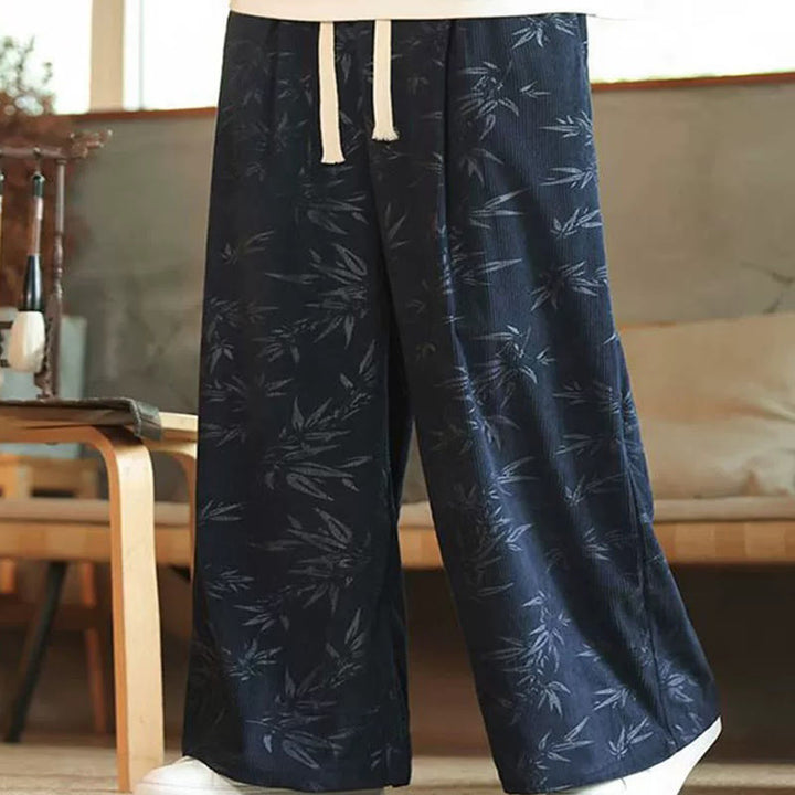 Buddha Stonesと竹の葉のコーデュロイドローストリングコットンメンズワイドレッグパンツ（ポケット付き）
