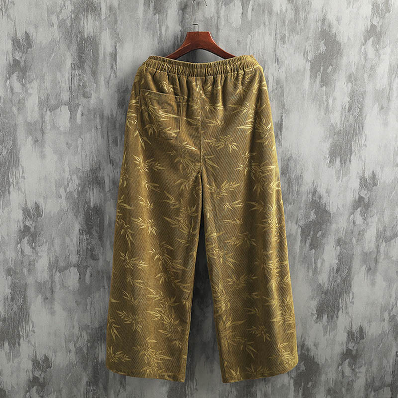 Buddha Stonesと竹の葉のコーデュロイドローストリングコットンメンズワイドレッグパンツ（ポケット付き） - image 5