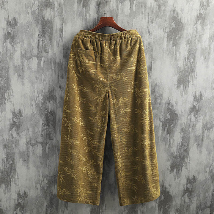 Buddha Stonesと竹の葉のコーデュロイドローストリングコットンメンズワイドレッグパンツ（ポケット付き） - image 5