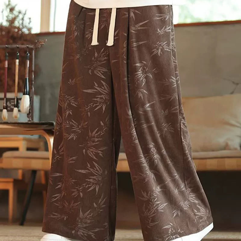 Buddha Stonesと竹の葉のコーデュロイドローストリングコットンメンズワイドレッグパンツ（ポケット付き）