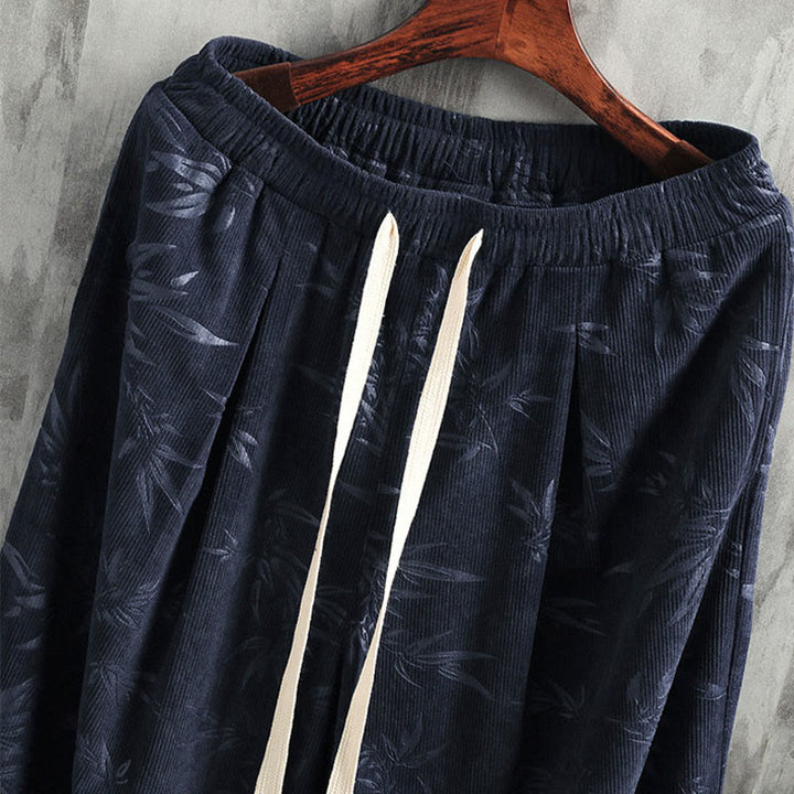 Buddha Stonesと竹の葉のコーデュロイドローストリングコットンメンズワイドレッグパンツ（ポケット付き） - image 1