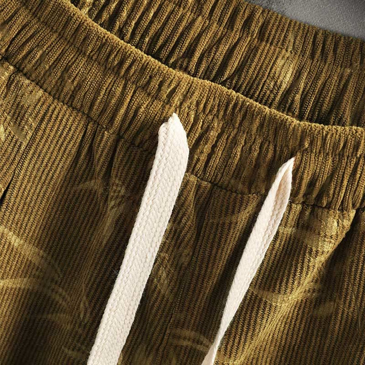 Buddha Stonesと竹の葉のコーデュロイドローストリングコットンメンズワイドレッグパンツ（ポケット付き） - image 7