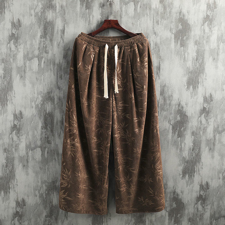 Buddha Stonesと竹の葉のコーデュロイドローストリングコットンメンズワイドレッグパンツ（ポケット付き） - image 17