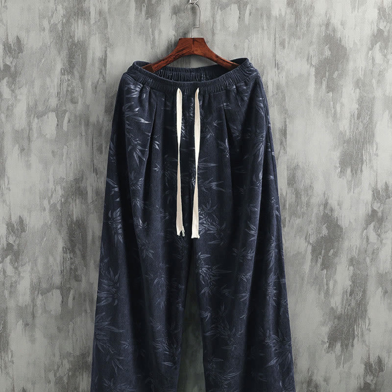 Buddha Stonesと竹の葉のコーデュロイドローストリングコットンメンズワイドレッグパンツ（ポケット付き） - image 2