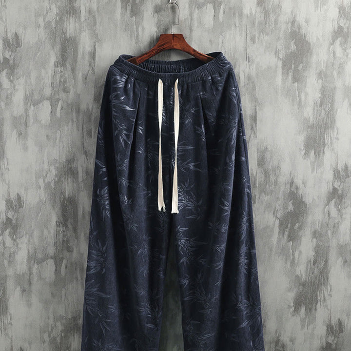 Buddha Stonesと竹の葉のコーデュロイドローストリングコットンメンズワイドレッグパンツ（ポケット付き） - image 2