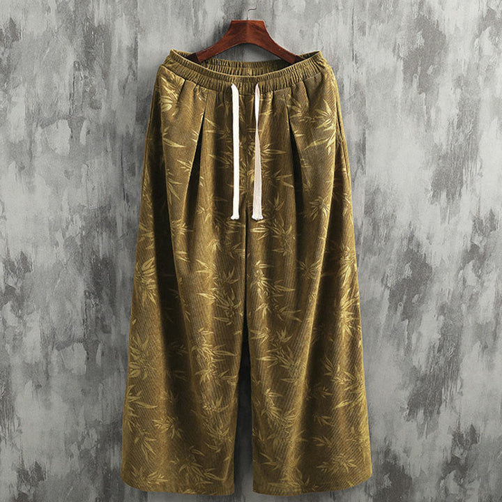 Buddha Stonesと竹の葉のコーデュロイドローストリングコットンメンズワイドレッグパンツ（ポケット付き） - image 4