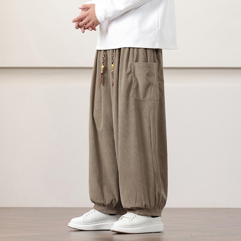Buddha Stones無地コーデュロイドローストリングメンズハーレムパンツ（ポケット付き）