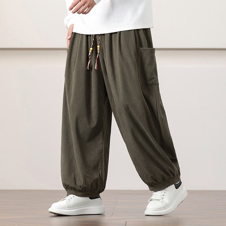 Buddha Stones無地コーデュロイドローストリングメンズハーレムパンツ（ポケット付き）