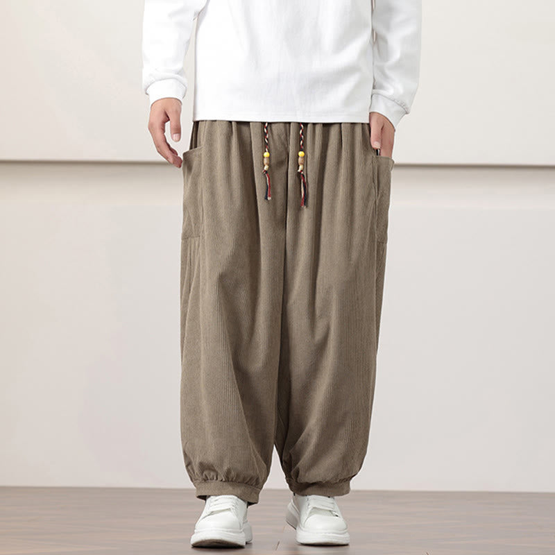 Buddha Stones無地コーデュロイドローストリングメンズハーレムパンツ（ポケット付き）
