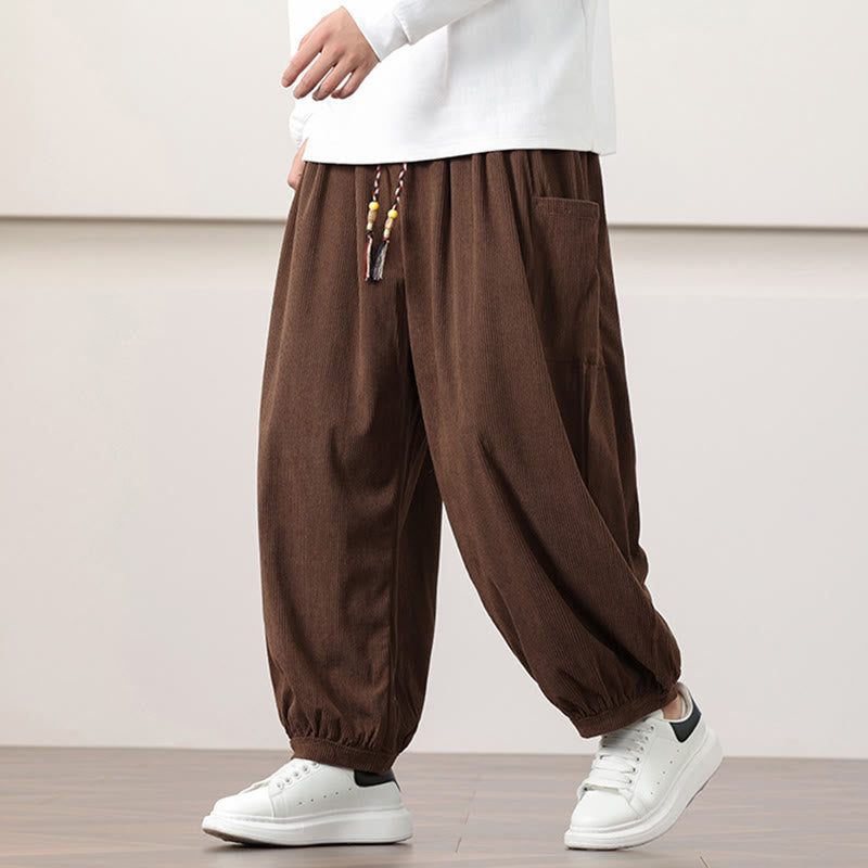 Buddha Stones無地コーデュロイドローストリングメンズハーレムパンツ（ポケット付き）