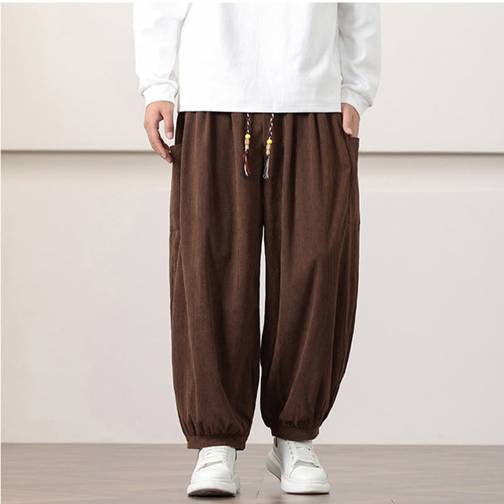 Buddha Stones無地コーデュロイドローストリングメンズハーレムパンツ（ポケット付き）