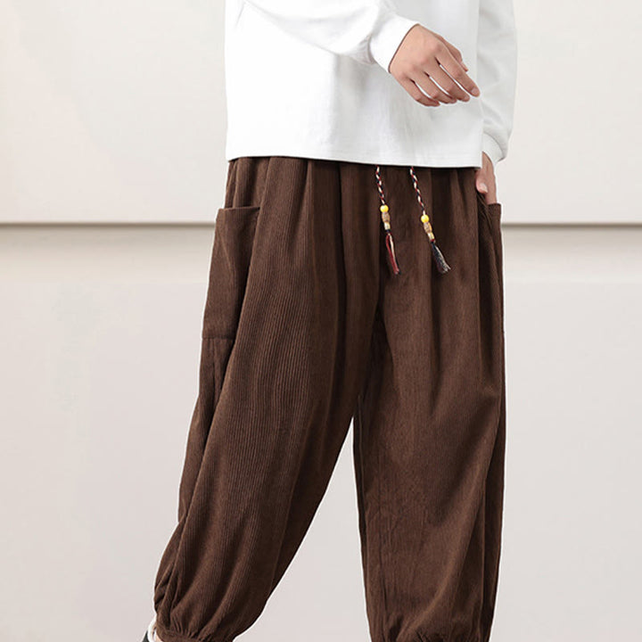 Buddha Stones無地コーデュロイドローストリングメンズハーレムパンツ（ポケット付き）