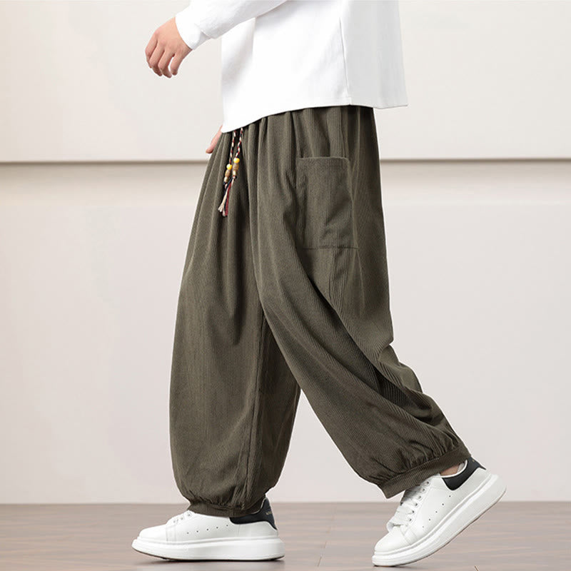 Buddha Stones無地コーデュロイドローストリングメンズハーレムパンツ（ポケット付き）