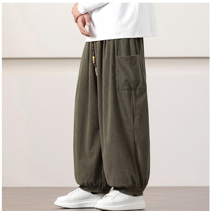 Buddha Stones無地コーデュロイドローストリングメンズハーレムパンツ（ポケット付き）