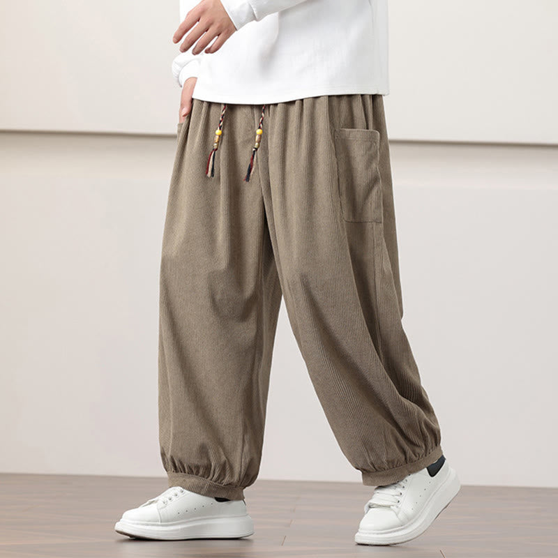 Buddha Stones無地コーデュロイドローストリングメンズハーレムパンツ（ポケット付き）