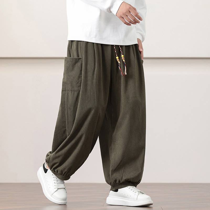 Buddha Stones無地コーデュロイドローストリングメンズハーレムパンツ（ポケット付き）