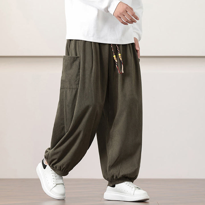 Buddha Stones無地コーデュロイドローストリングメンズハーレムパンツ（ポケット付き）