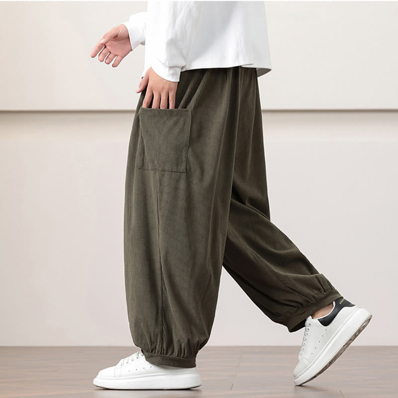 Buddha Stones無地コーデュロイドローストリングメンズハーレムパンツ（ポケット付き）